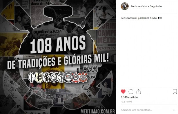 Liedson publicou mensagem de parabéns para o Corinthians