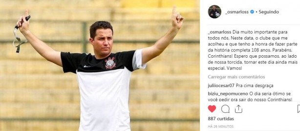 Osmar Loss parabenizou o Corinthians em seu Instagram