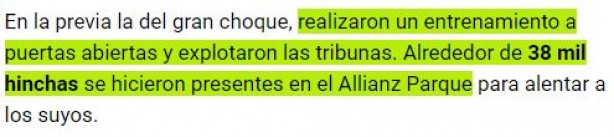Trecho do texto do Olé com menção ao Allianz Parque