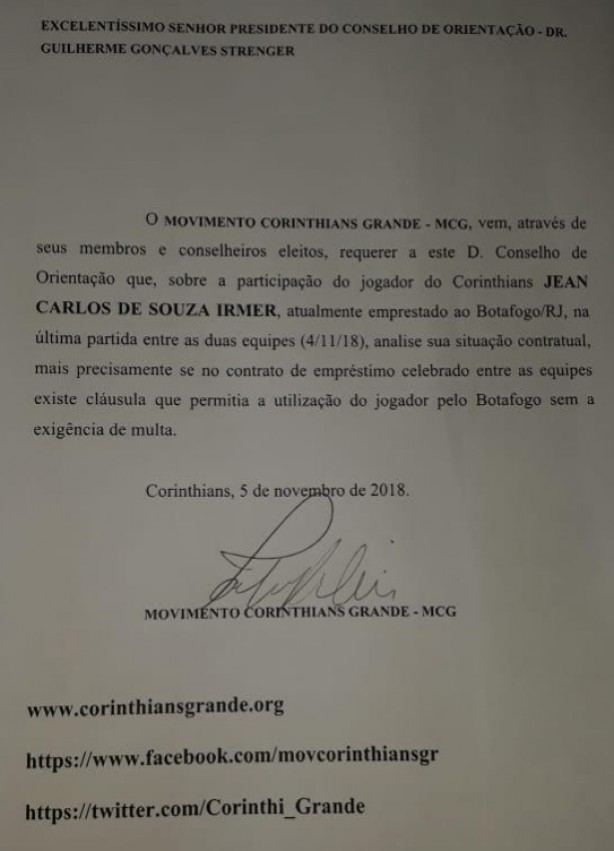 Requerimento do grupo de oposição pede esclarecimentos pela escalação de Jean pelo Botafogo