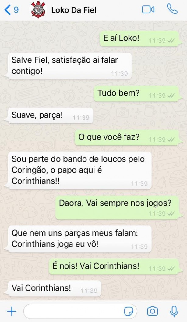 Exemplo de interação do Loko da Fiel com um torcedor pelo WhatsApp