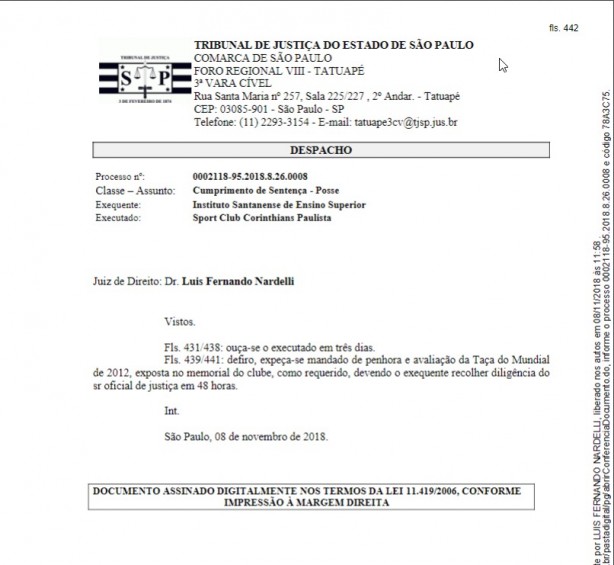 Mandado penhora taça
