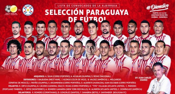 Os 24 jogadores convocados pela seleo paraguaia para o amistoso contra a frica do Sul