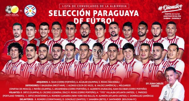 Os 24 jogadores convocados pela seleção paraguaia para o amistoso contra a África do Sul