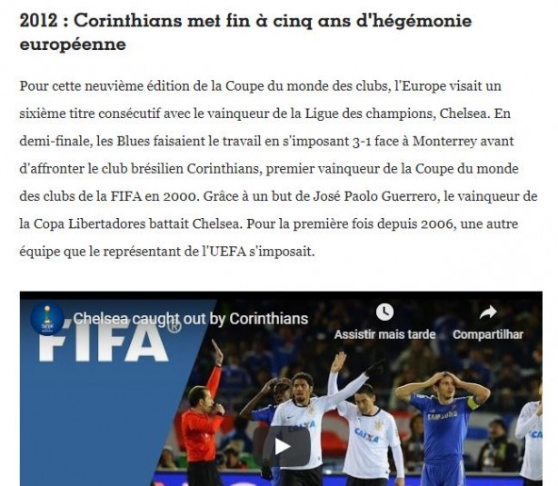Corinthians foi destaque em site da revista France Football