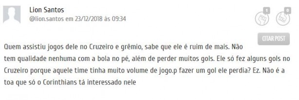 Torcedor não gostou da possibilidade de contar com Moreno