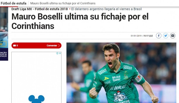 Mauro Boselli completa sua transferência ao Corinthians