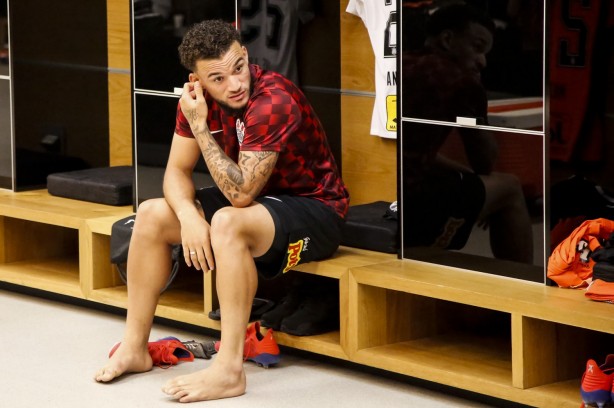 André Luís no vestiário da Arena Corinthians antes do jogo contra o Red Bull Brasil