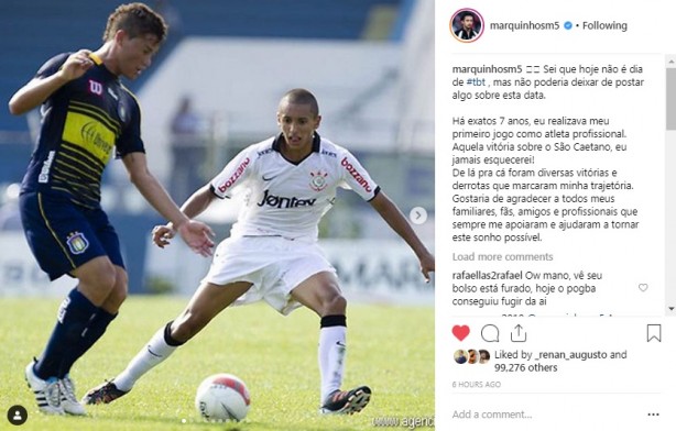 Zagueiro Marquinhos recorda estreia pelo Corinthians em rede social