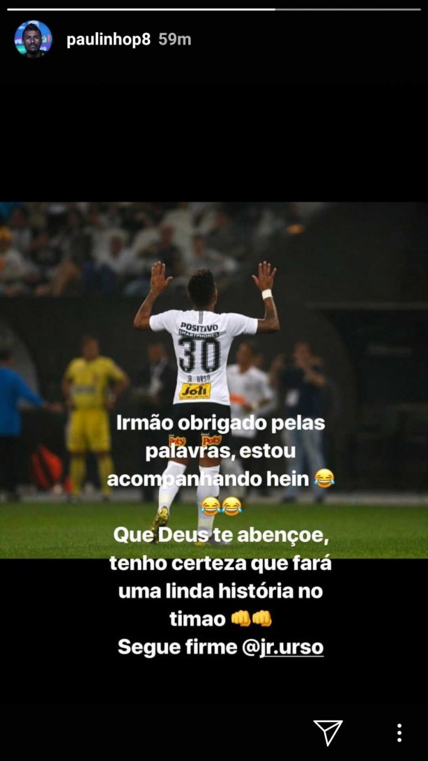 Mensagem de Paulinho ao também volante Júnior Urso, do Corinthians