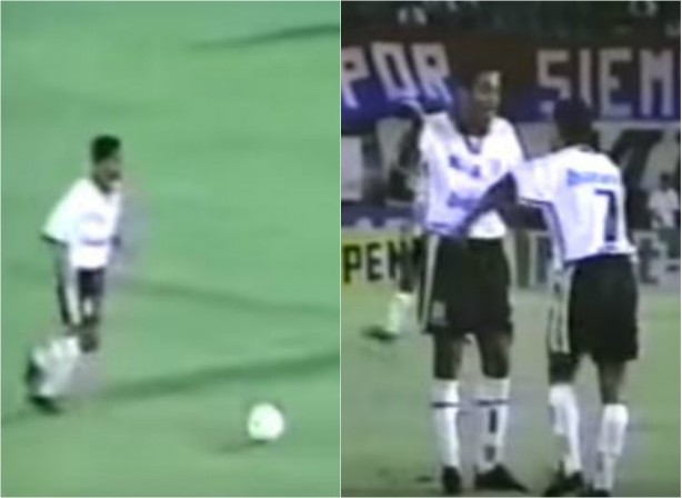 Marcelinho Carioca instantes antes de chutar; Vampeta comemorando o gol