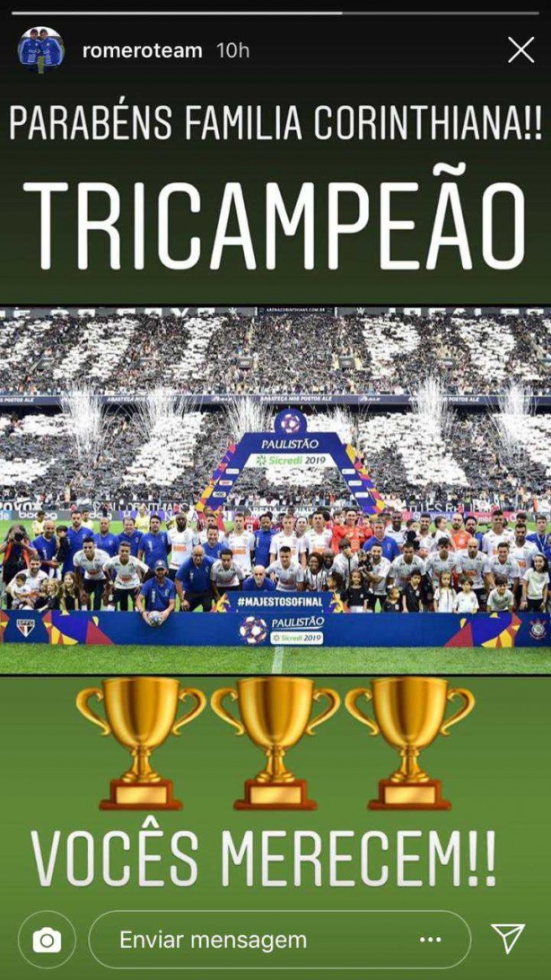 Romero publicou mensagem comemorando título do Corinthians