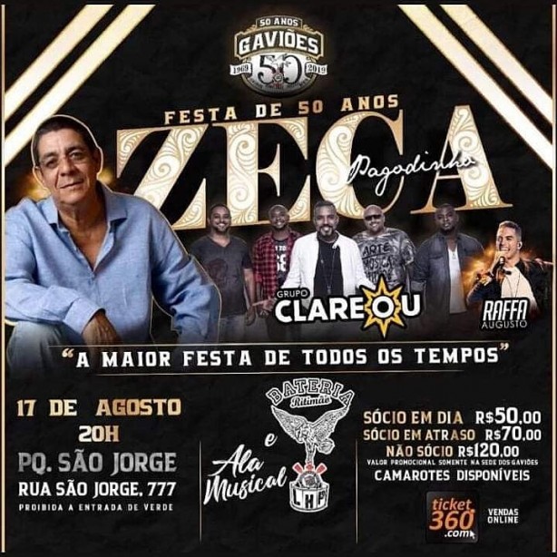 Zeca Pagodinho será atração principal da festa de 50 anos da Gaviões