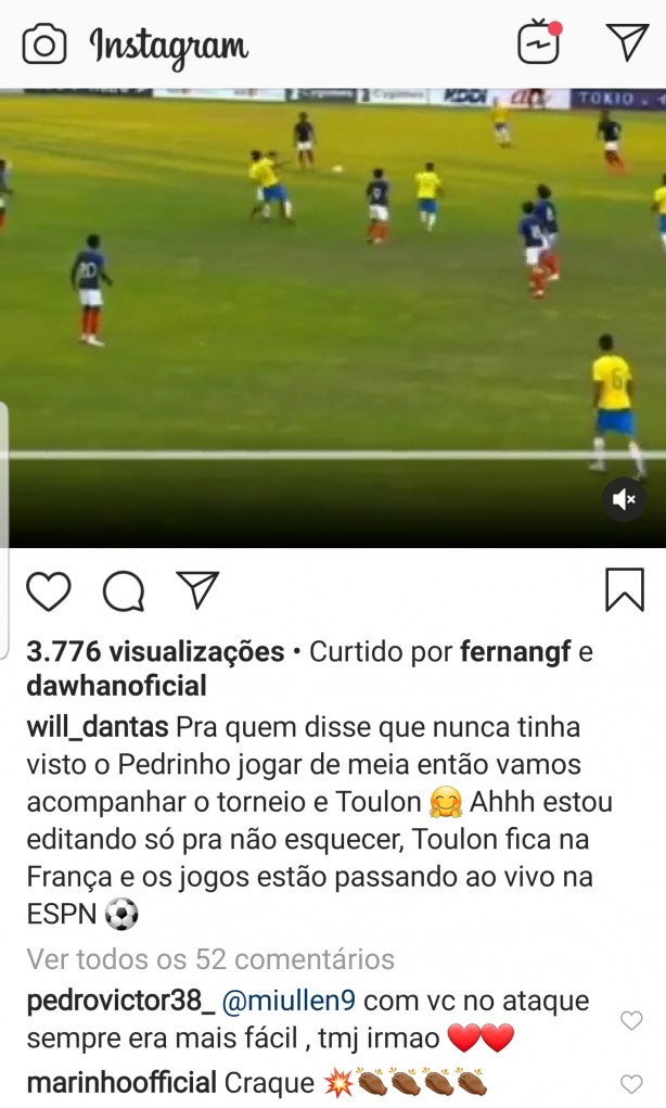 Marinho comenta lance de Pedrinho no Instagram