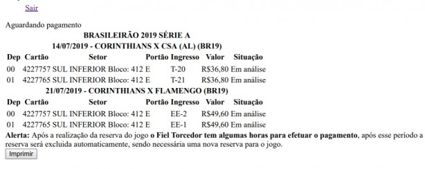 Reserva no fim de semana que não foi paga segue em análise após vários dias; torcedor não consegue refazer a reserva