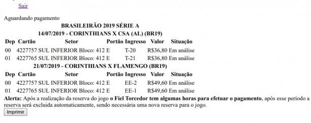 Reserva no fim de semana que no foi paga segue em anlise aps vrios dias; torcedor no consegue refazer a reserva