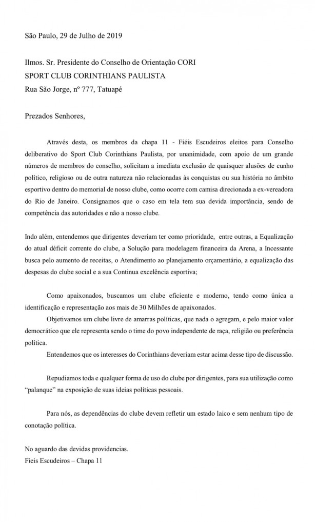 Carta divulgada pelo diretor cultural do Corinthians
