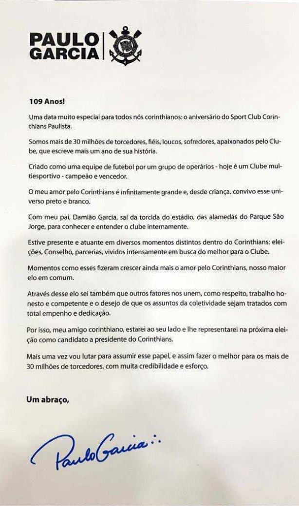 Paulo Garcia confirmou candidatura em carta de aniversrio