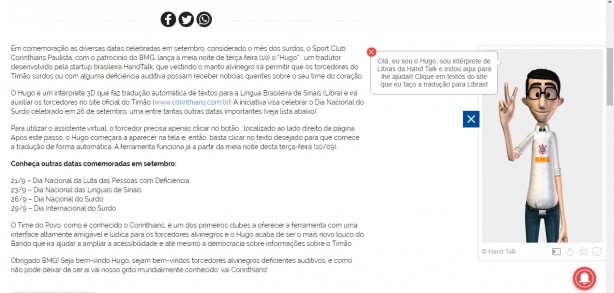 Hugo ir aparecer no canto direito e far a traduo em libras do trecho escolhido pelo corinthiano