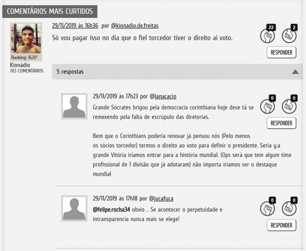 Comentário mais curtido sobre matéria do Fiel Torcedor