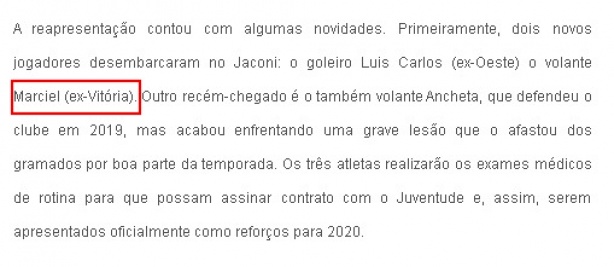 Print do site oficial do Juventude coloca Marciel como uma das novidades da equipe