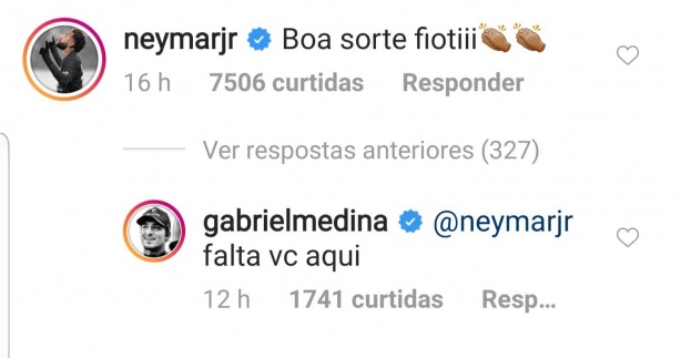 Neymar comentou publicao de Luan, meia do Corinthians; surfista Gabriel Medina respondeu o atacante