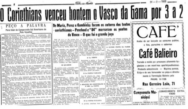 Jornal Folha da Manhã destacou o título do Corinthians no dia em 24 de fevereiro de 1930.