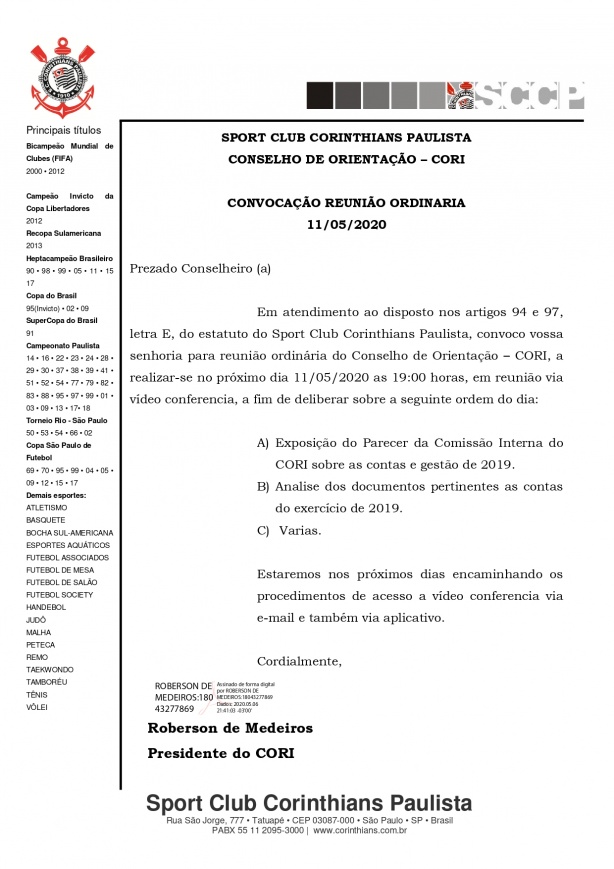 Cori foi convocado para analisar as contas do Corinthians de 2019