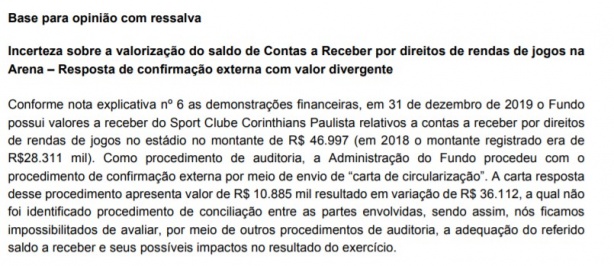Trecho do balano de 2019 com a ressalva entre os valores de Corinthians e Arena
