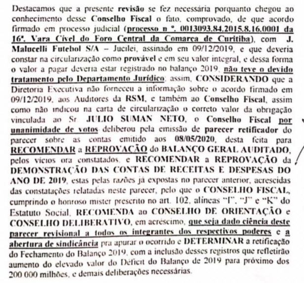 Parte do parecer do Conselho Fiscal sobre o balano do Corinthians de 2019