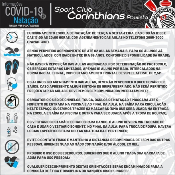 Corinthians divulga protocolo para retomada das aulas de natao