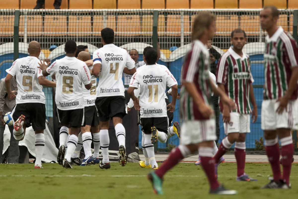 Jogadores comemora o gol de Chicão, de falta, durante partida entre Corinthians x Fluminense válida pela 3ª rodada do Campeonato Brasileiro 2010, realizada no estádio do Pacaembu