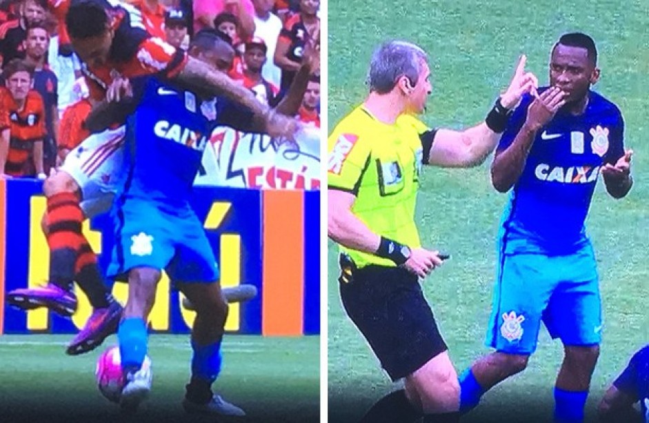 Willians recebe a cotovelada, mas rbitro marca a falta para o Flamengo