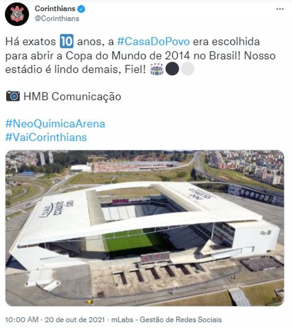 Escolha da Neo Química Arena como palco de abertura da Copa do Mundo completa dez anos nesta quarta Escolha da Neo Química Arena como palco de abertura da Copa do Mundo completa dez anos nesta quarta