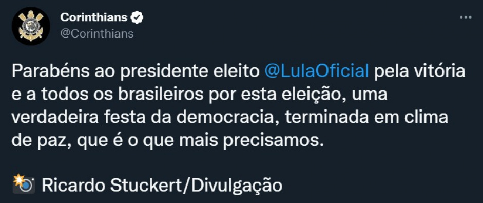 Corinthians é único time da Série A a parabenizar Lula por vitória