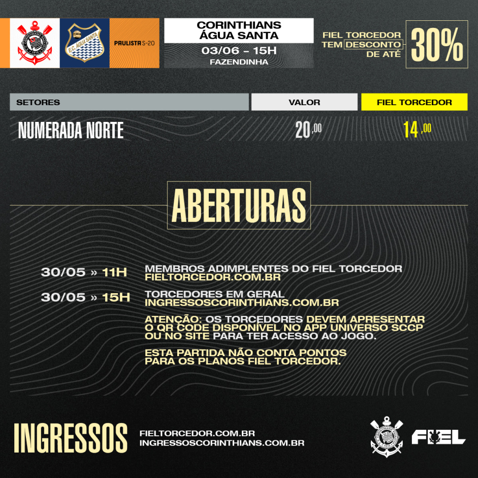 Corinthians divulga venda de ingressos para partida contra o Água Santa ...